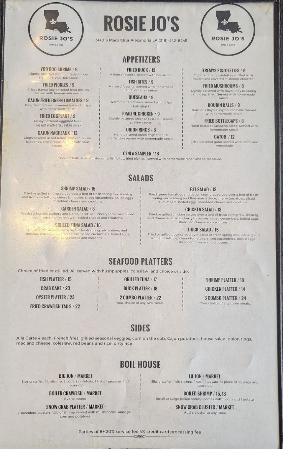 Printed menu for Cajun and Creole dishes