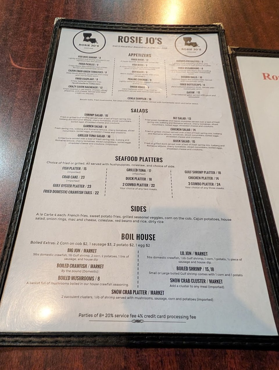 Menu layout for seafood and Southern fare